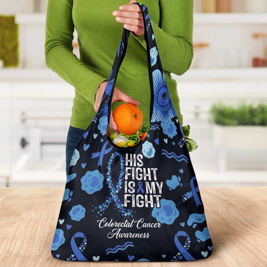 His Fight Is My Fight Colorectal Cancer Awareness Grocery Bag Blue Ribbon Heart Pattern Illustration