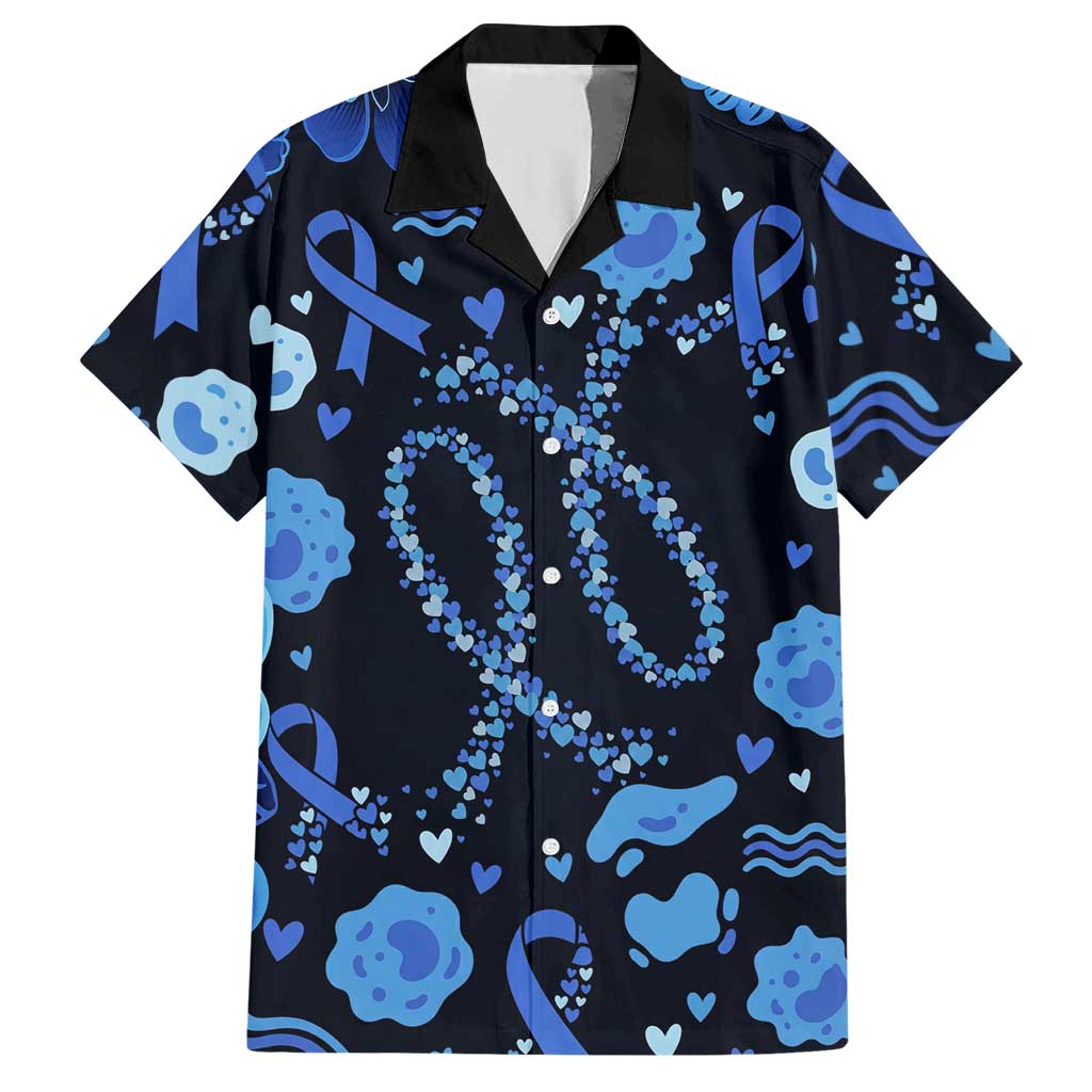 His Fight Is My Fight Colorectal Cancer Awareness Hawaiian Shirt Blue Ribbon Heart Pattern Illustration