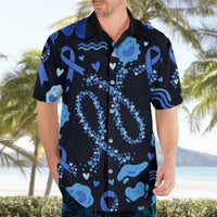 His Fight Is My Fight Colorectal Cancer Awareness Hawaiian Shirt Blue Ribbon Heart Pattern Illustration