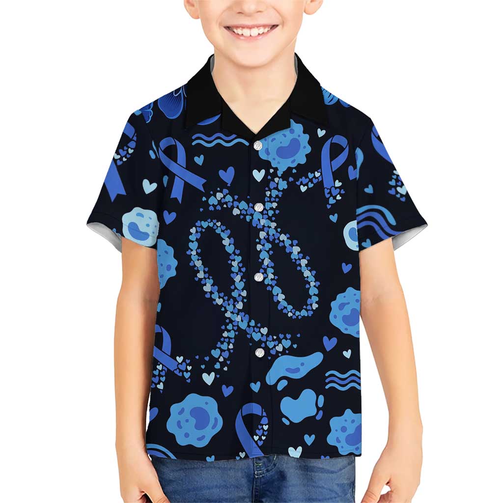 His Fight Is My Fight Colorectal Cancer Awareness Hawaiian Shirt Blue Ribbon Heart Pattern Illustration