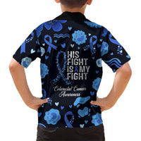 His Fight Is My Fight Colorectal Cancer Awareness Hawaiian Shirt Blue Ribbon Heart Pattern Illustration