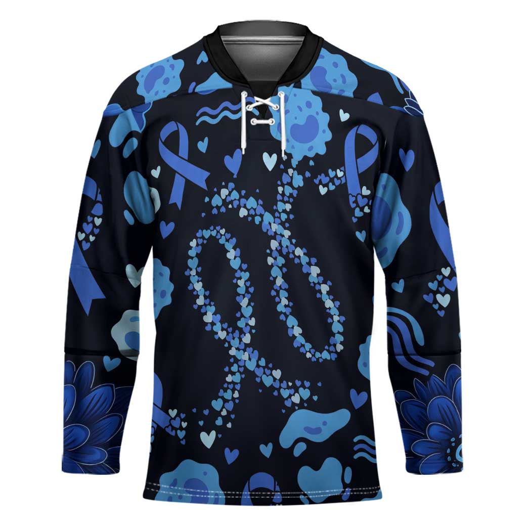 His Fight Is My Fight Colorectal Cancer Awareness Hockey Jersey Blue Ribbon Heart Pattern Illustration
