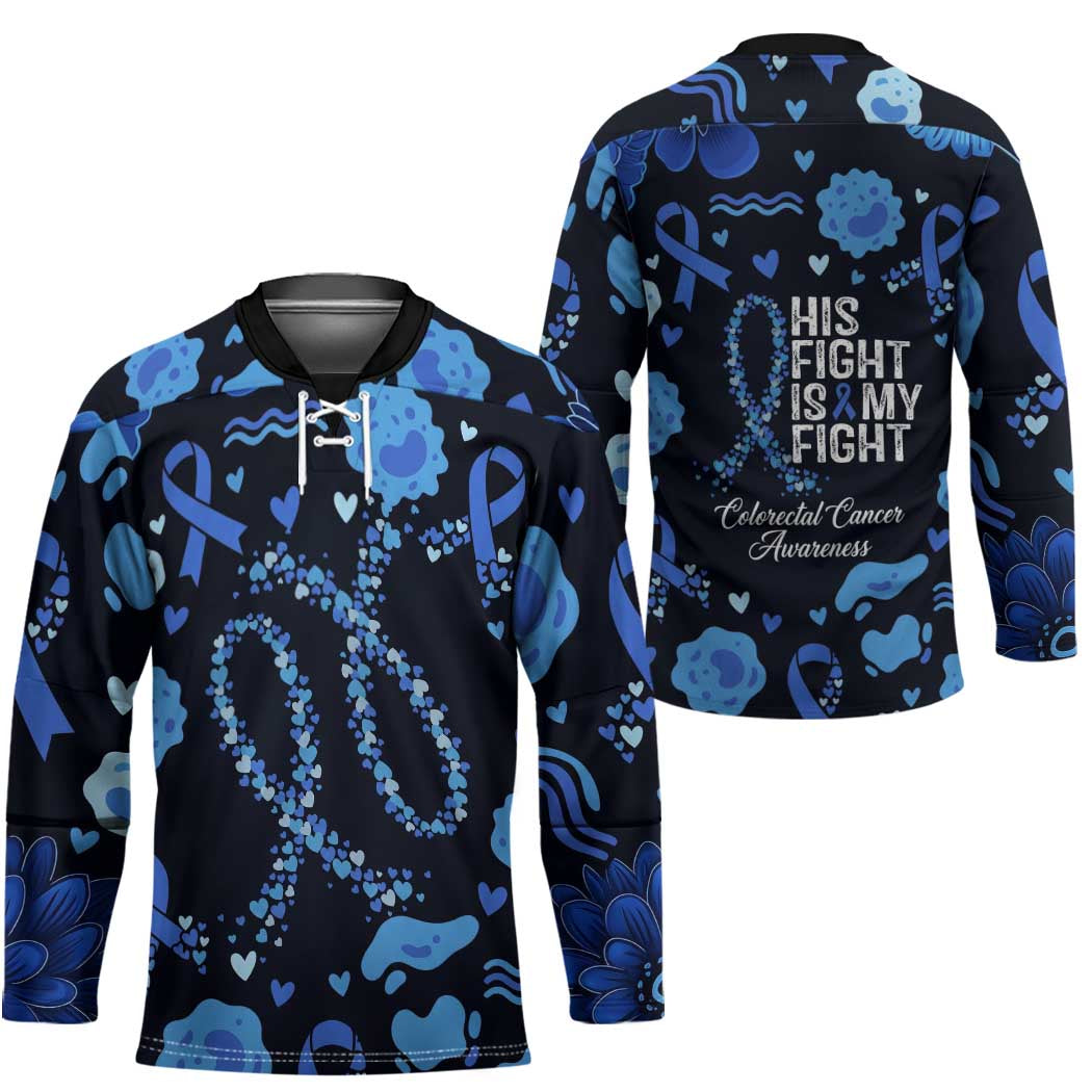 His Fight Is My Fight Colorectal Cancer Awareness Hockey Jersey Blue Ribbon Heart Pattern Illustration