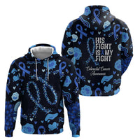 His Fight Is My Fight Colorectal Cancer Awareness Hoodie Blue Ribbon Heart Pattern Illustration