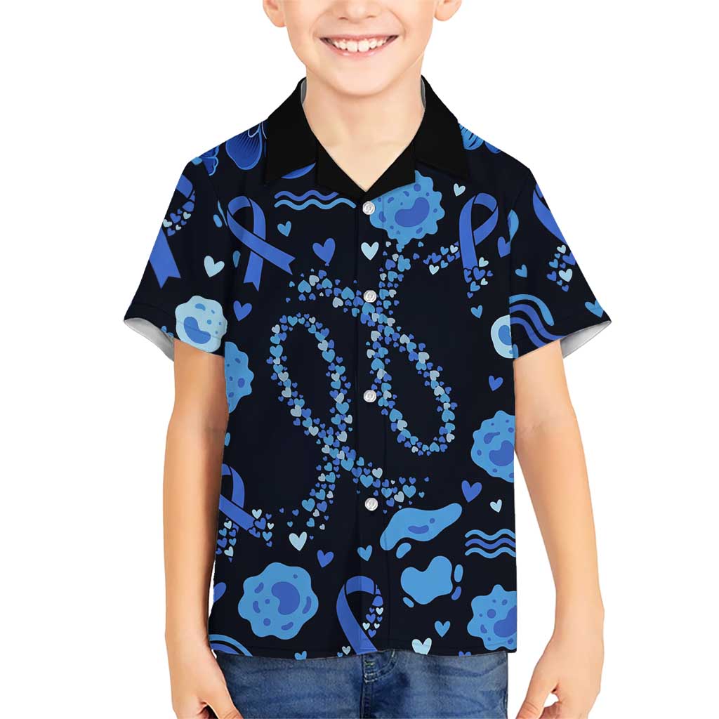 His Fight Is My Fight Colorectal Cancer Awareness Kid Hawaiian Shirt Blue Ribbon Heart Pattern Illustration