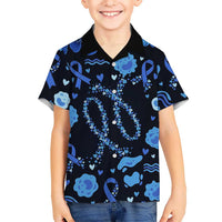 His Fight Is My Fight Colorectal Cancer Awareness Kid Hawaiian Shirt Blue Ribbon Heart Pattern Illustration