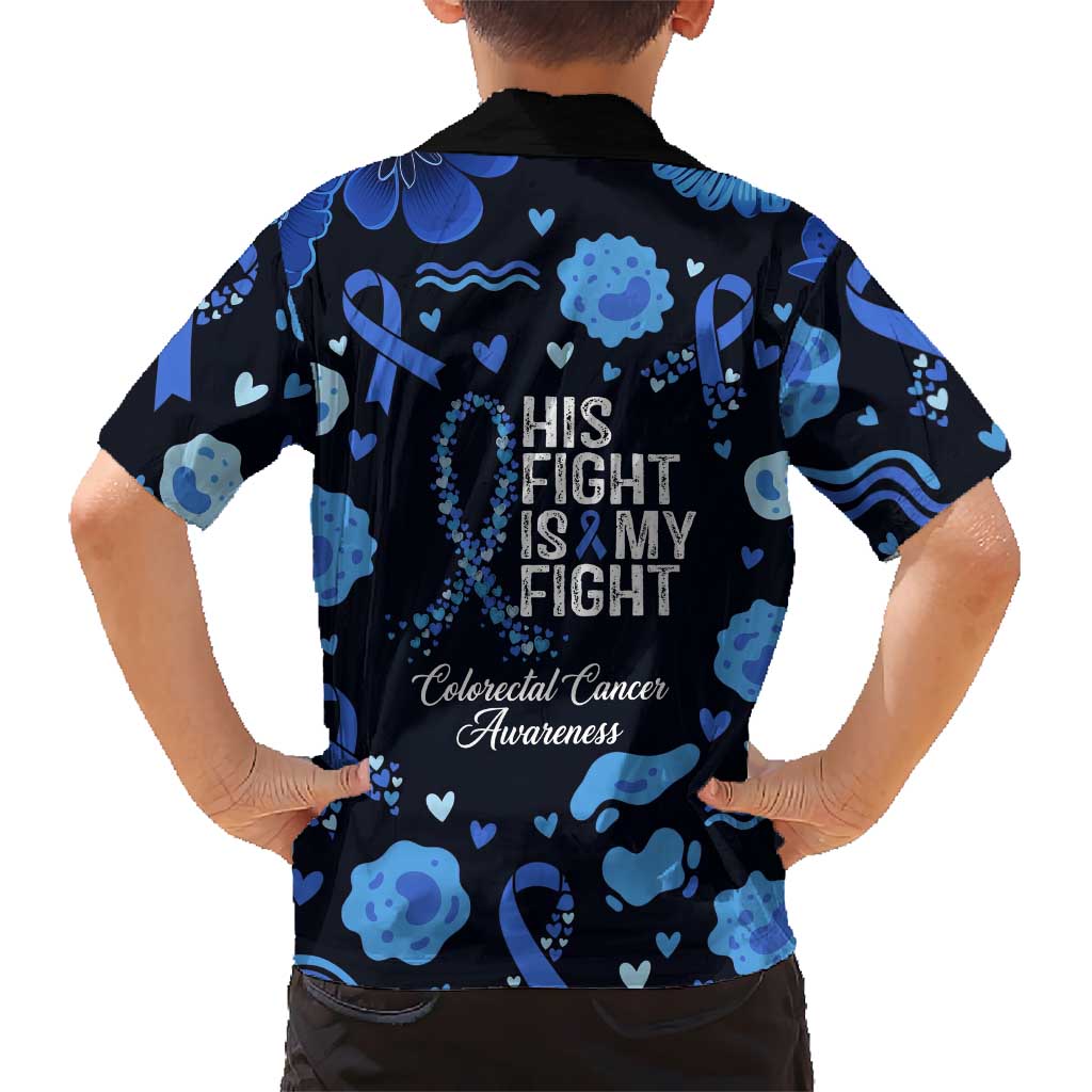 His Fight Is My Fight Colorectal Cancer Awareness Kid Hawaiian Shirt Blue Ribbon Heart Pattern Illustration