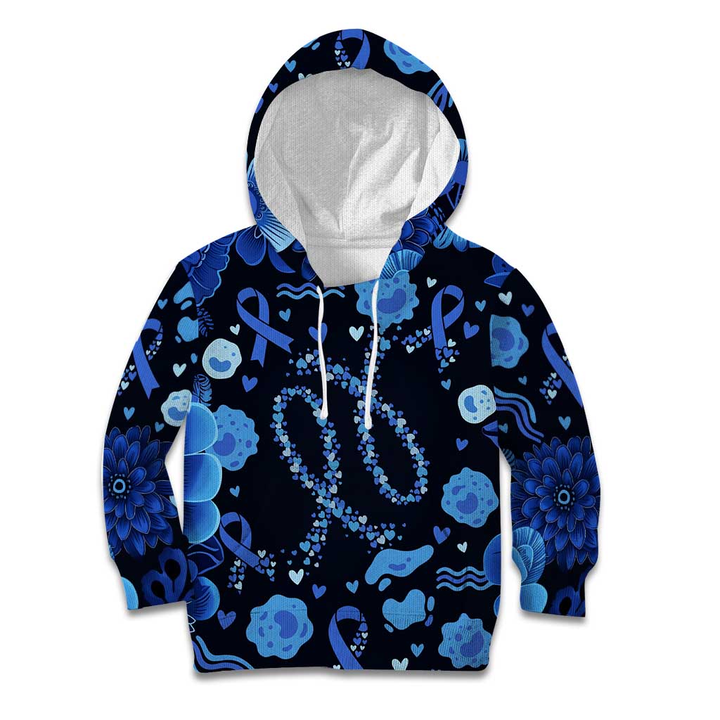 His Fight Is My Fight Colorectal Cancer Awareness Kid Hoodie Blue Ribbon Heart Pattern Illustration