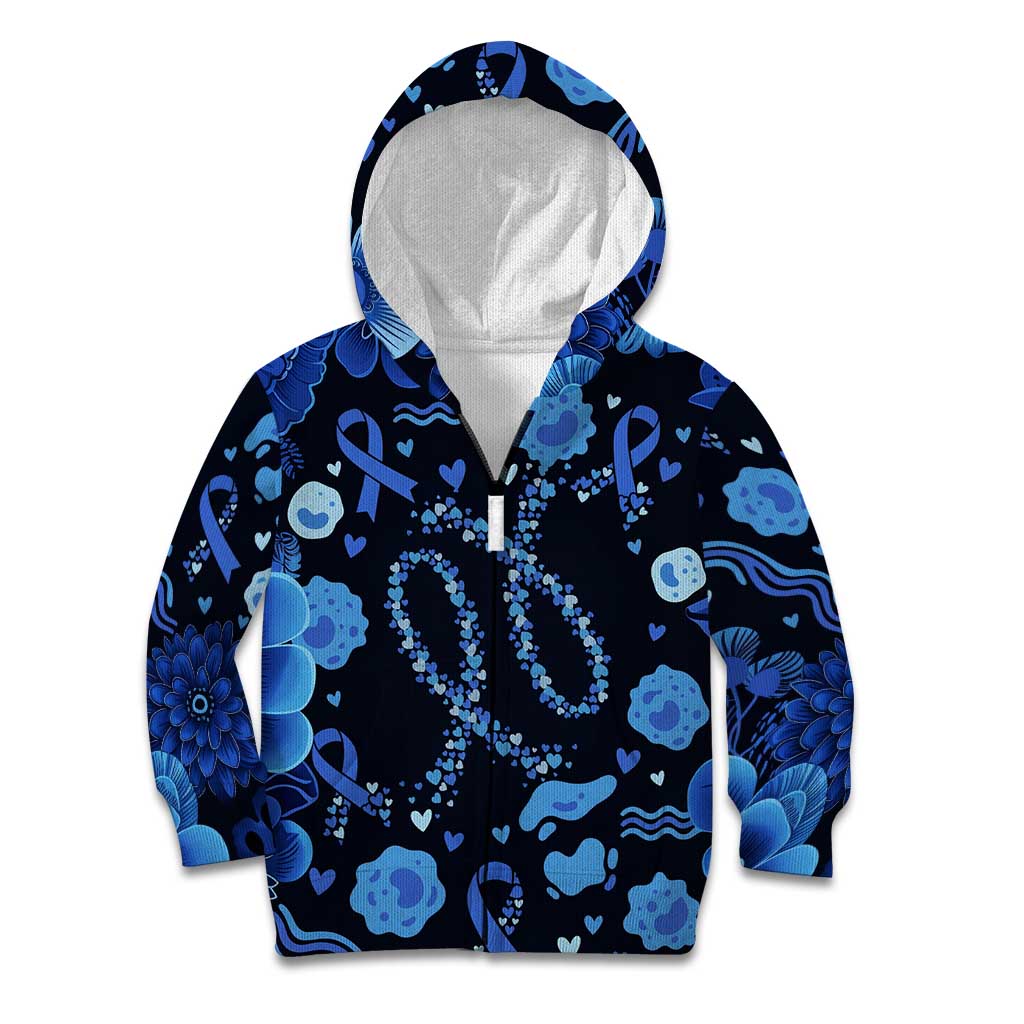 His Fight Is My Fight Colorectal Cancer Awareness Kid Hoodie Blue Ribbon Heart Pattern Illustration