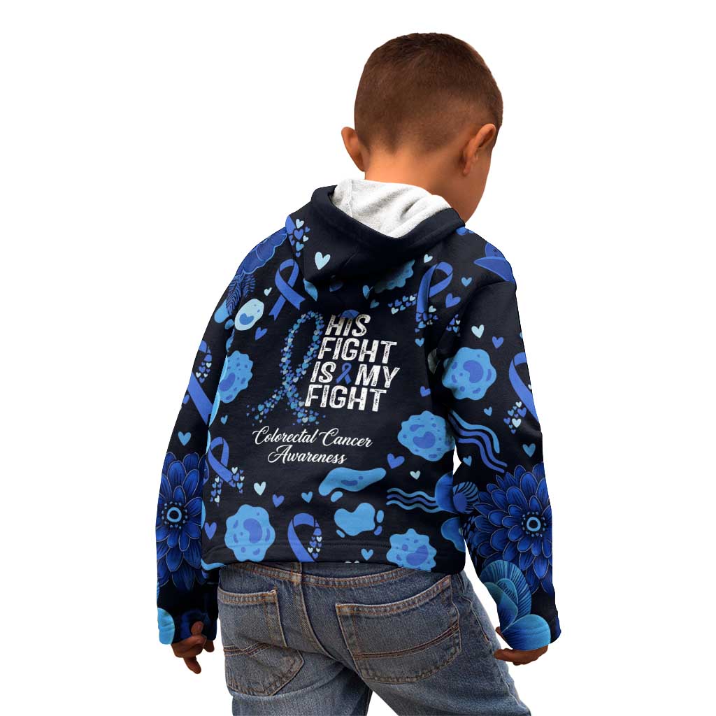 His Fight Is My Fight Colorectal Cancer Awareness Kid Hoodie Blue Ribbon Heart Pattern Illustration