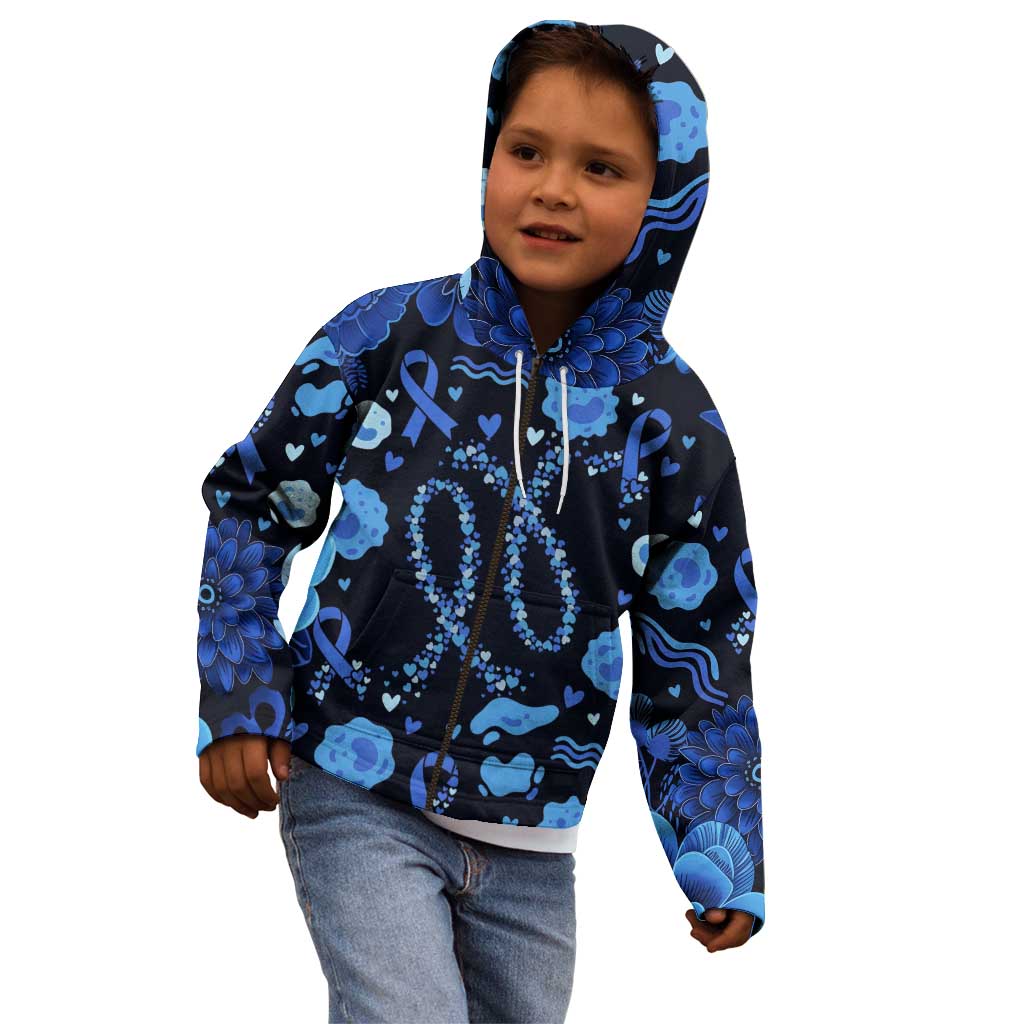 His Fight Is My Fight Colorectal Cancer Awareness Kid Hoodie Blue Ribbon Heart Pattern Illustration