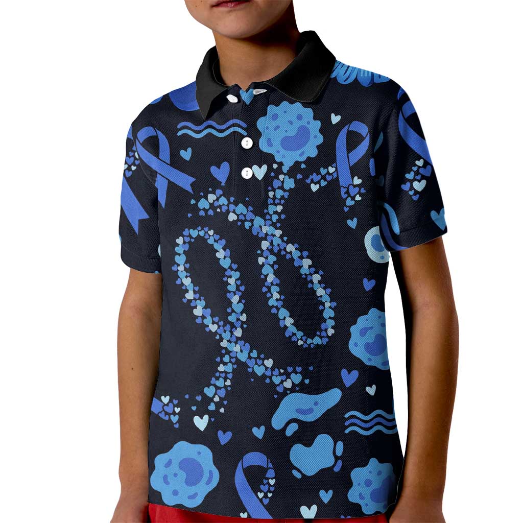 His Fight Is My Fight Colorectal Cancer Awareness Kid Polo Shirt Blue Ribbon Heart Pattern Illustration