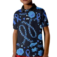 His Fight Is My Fight Colorectal Cancer Awareness Kid Polo Shirt Blue Ribbon Heart Pattern Illustration