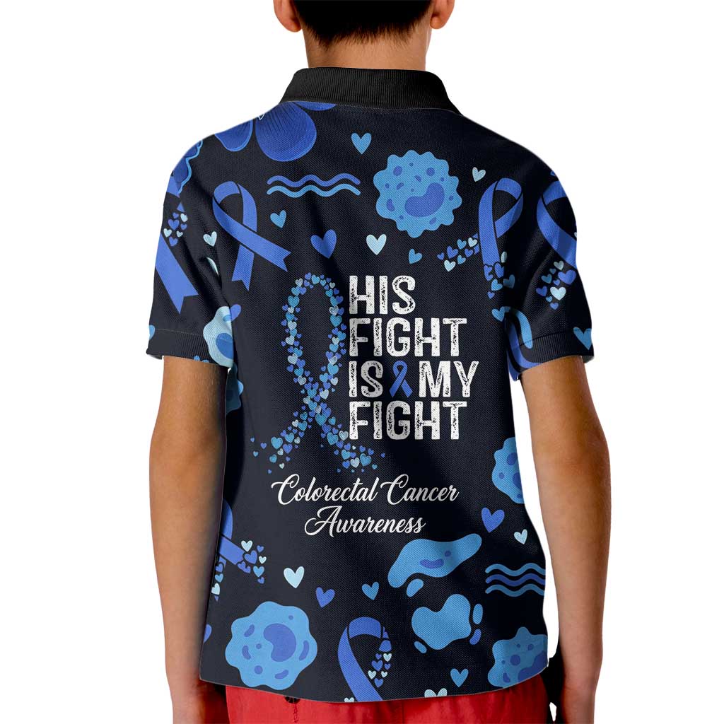 His Fight Is My Fight Colorectal Cancer Awareness Kid Polo Shirt Blue Ribbon Heart Pattern Illustration