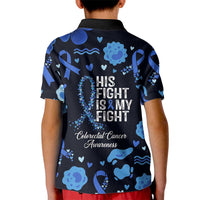His Fight Is My Fight Colorectal Cancer Awareness Kid Polo Shirt Blue Ribbon Heart Pattern Illustration