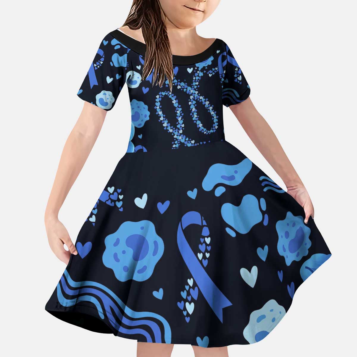 His Fight Is My Fight Colorectal Cancer Awareness Kid Short Sleeve Dress Blue Ribbon Heart Pattern Illustration