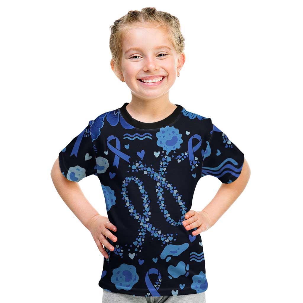 His Fight Is My Fight Colorectal Cancer Awareness Kid T Shirt Blue Ribbon Heart Pattern Illustration