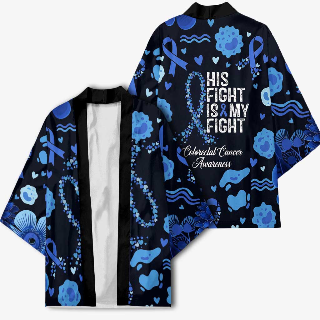 His Fight Is My Fight Colorectal Cancer Awareness Kimono Blue Ribbon Heart Pattern Illustration