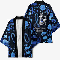 His Fight Is My Fight Colorectal Cancer Awareness Kimono Blue Ribbon Heart Pattern Illustration