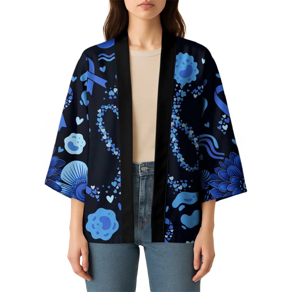 His Fight Is My Fight Colorectal Cancer Awareness Kimono Blue Ribbon Heart Pattern Illustration