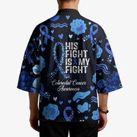 His Fight Is My Fight Colorectal Cancer Awareness Kimono Blue Ribbon Heart Pattern Illustration