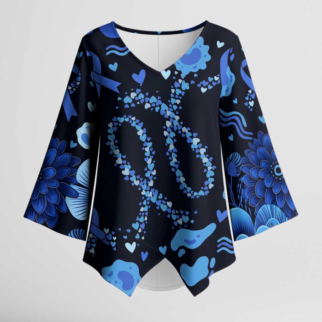 His Fight Is My Fight Colorectal Cancer Awareness Kimono Sleeve Blouse Blue Ribbon Heart Pattern Illustration