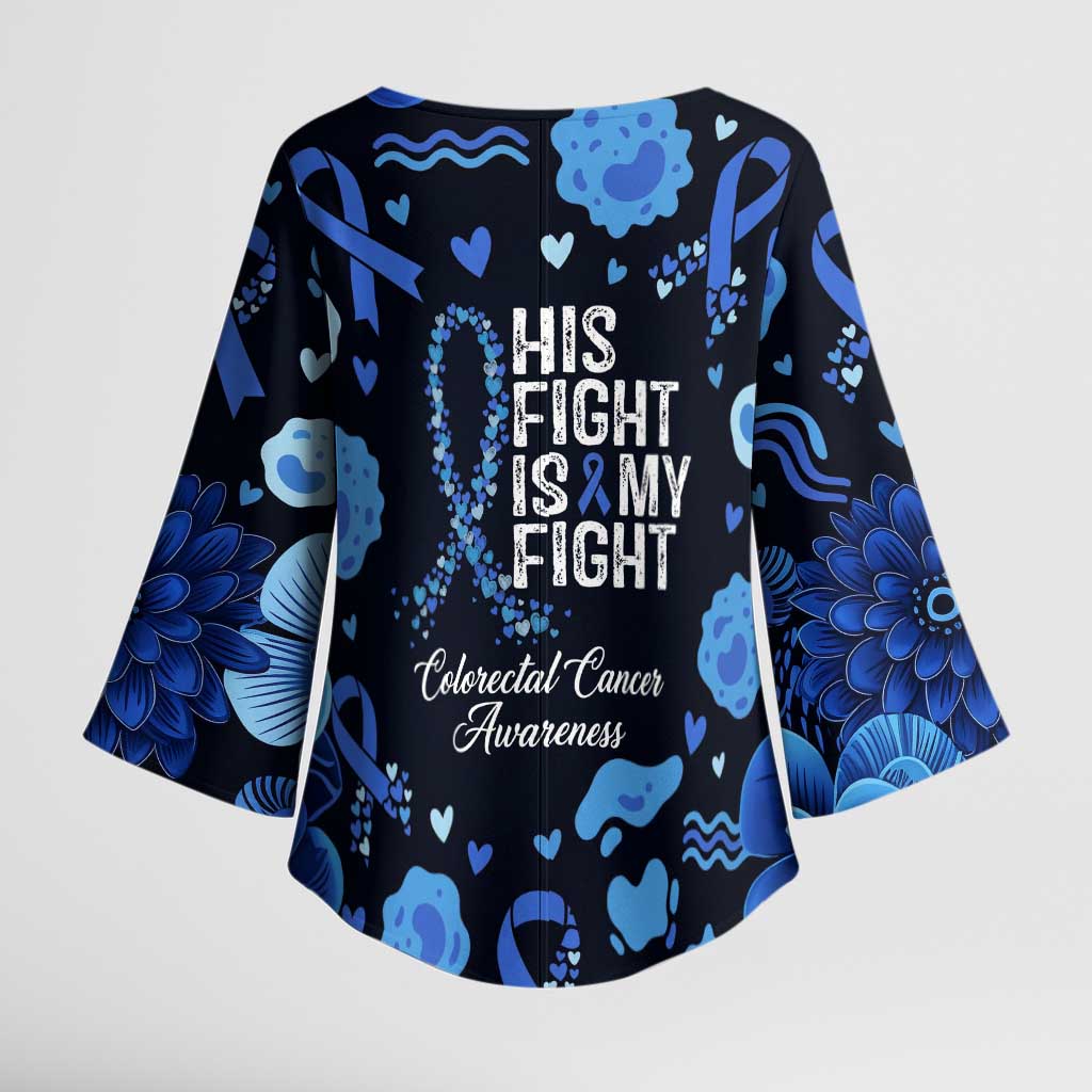 His Fight Is My Fight Colorectal Cancer Awareness Kimono Sleeve Blouse Blue Ribbon Heart Pattern Illustration