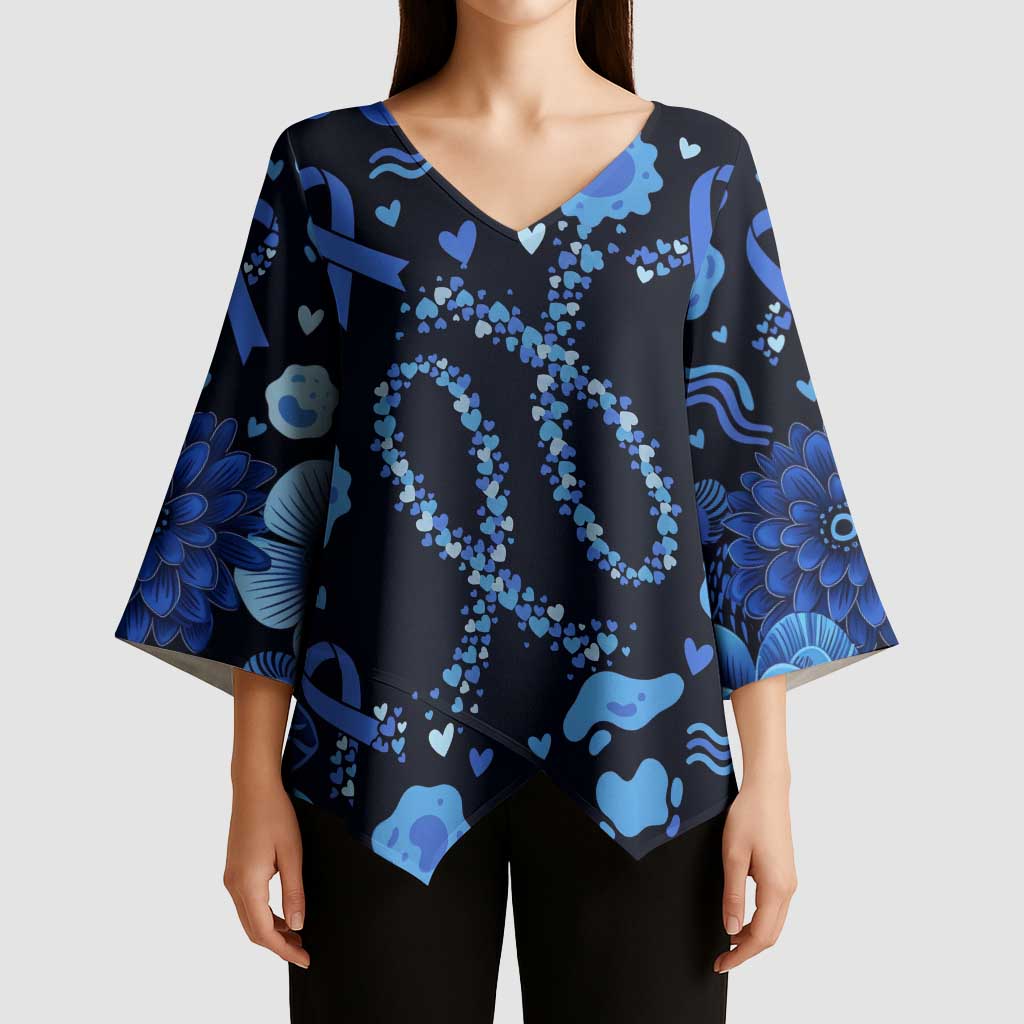 His Fight Is My Fight Colorectal Cancer Awareness Kimono Sleeve Blouse Blue Ribbon Heart Pattern Illustration