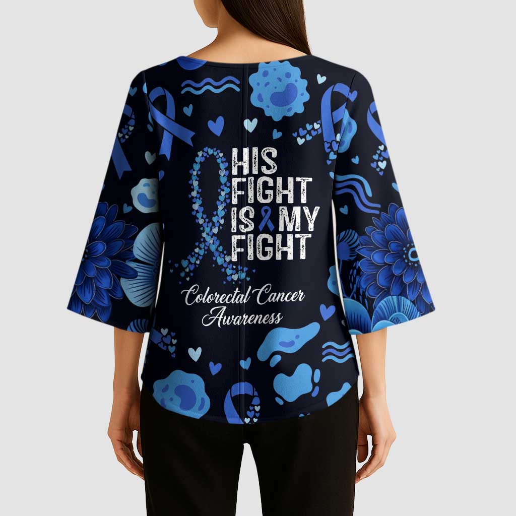 His Fight Is My Fight Colorectal Cancer Awareness Kimono Sleeve Blouse Blue Ribbon Heart Pattern Illustration