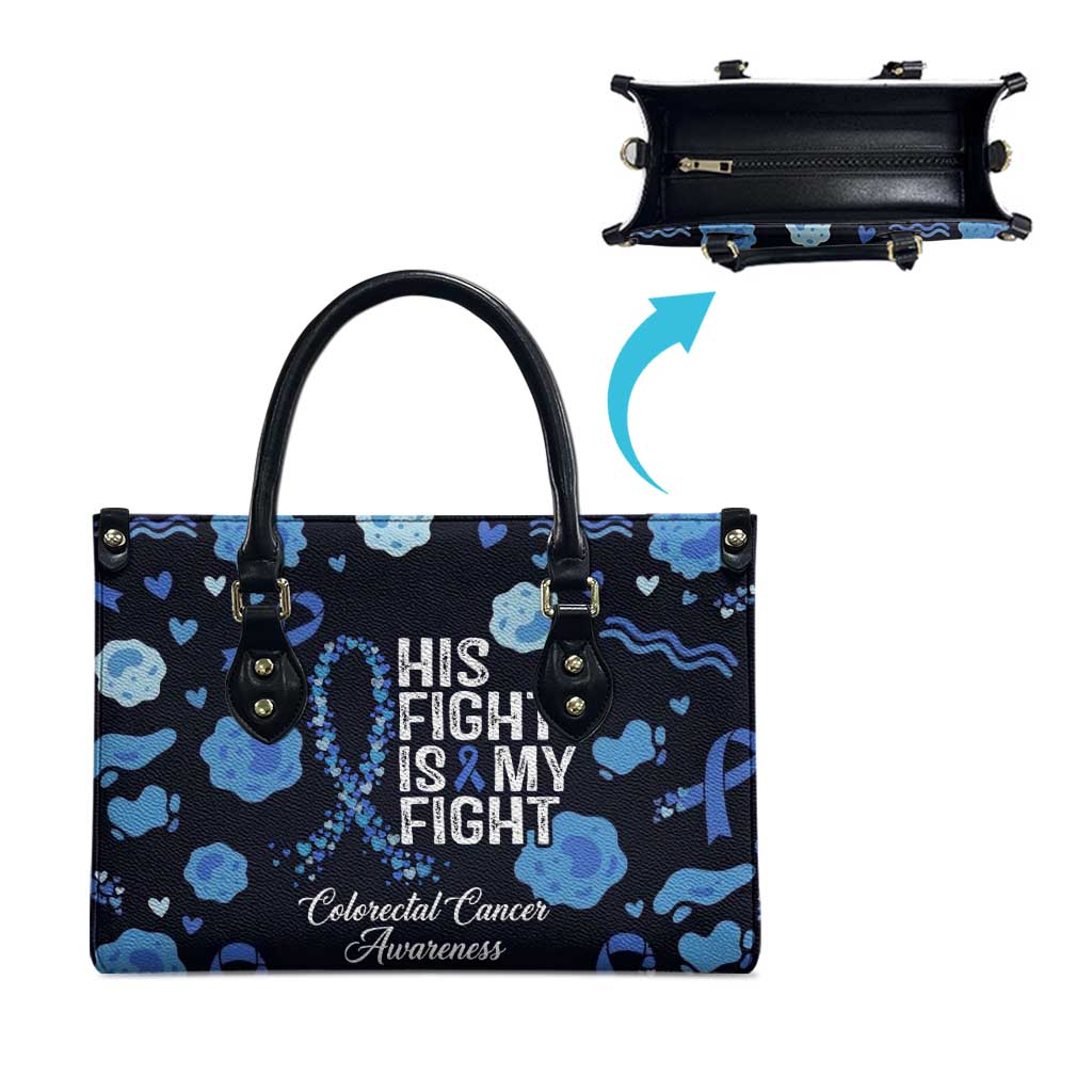 His Fight Is My Fight Colorectal Cancer Awareness Leather Bag Blue Ribbon Heart Pattern Illustration
