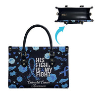 His Fight Is My Fight Colorectal Cancer Awareness Leather Bag Blue Ribbon Heart Pattern Illustration