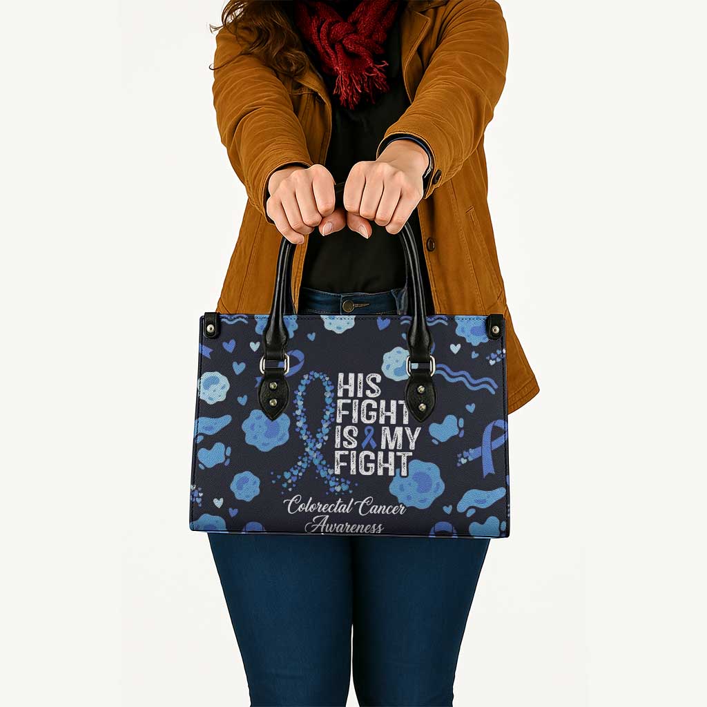 His Fight Is My Fight Colorectal Cancer Awareness Leather Bag Blue Ribbon Heart Pattern Illustration