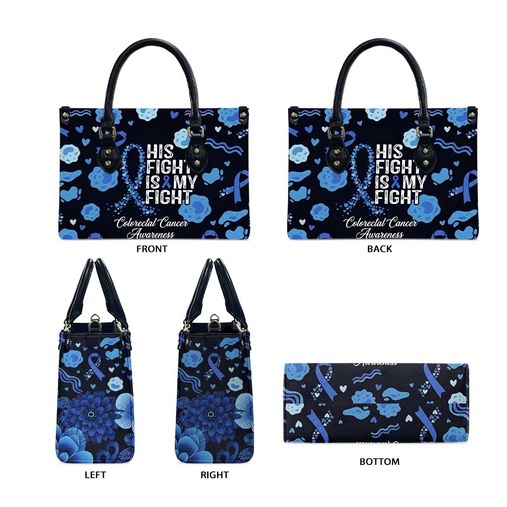 His Fight Is My Fight Colorectal Cancer Awareness Leather Bag Blue Ribbon Heart Pattern Illustration