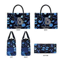 His Fight Is My Fight Colorectal Cancer Awareness Leather Bag Blue Ribbon Heart Pattern Illustration