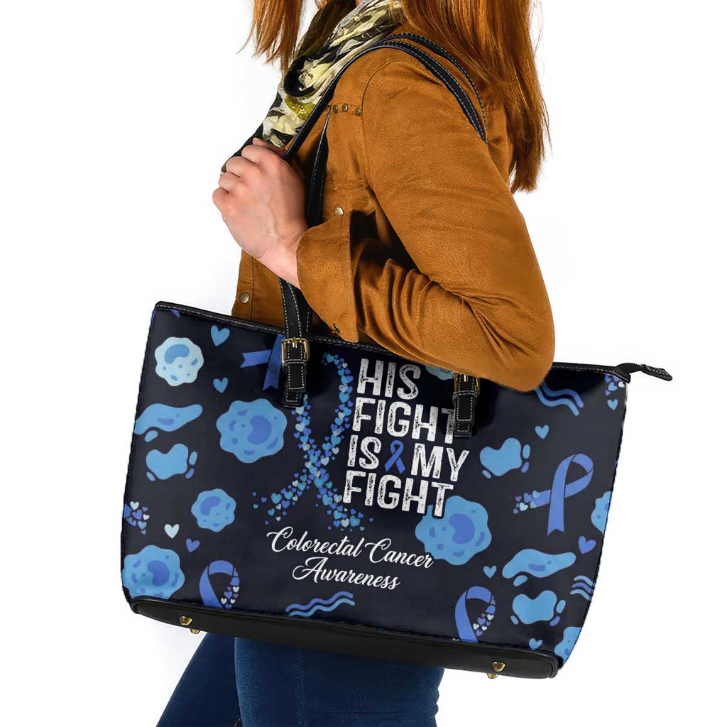 His Fight Is My Fight Colorectal Cancer Awareness Leather Tote Bag Blue Ribbon Heart Pattern Illustration