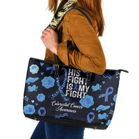 His Fight Is My Fight Colorectal Cancer Awareness Leather Tote Bag Blue Ribbon Heart Pattern Illustration