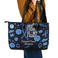 His Fight Is My Fight Colorectal Cancer Awareness Leather Tote Bag Blue Ribbon Heart Pattern Illustration