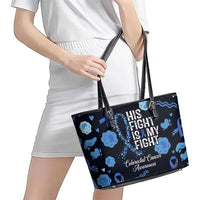 His Fight Is My Fight Colorectal Cancer Awareness Leather Tote Bag Blue Ribbon Heart Pattern Illustration