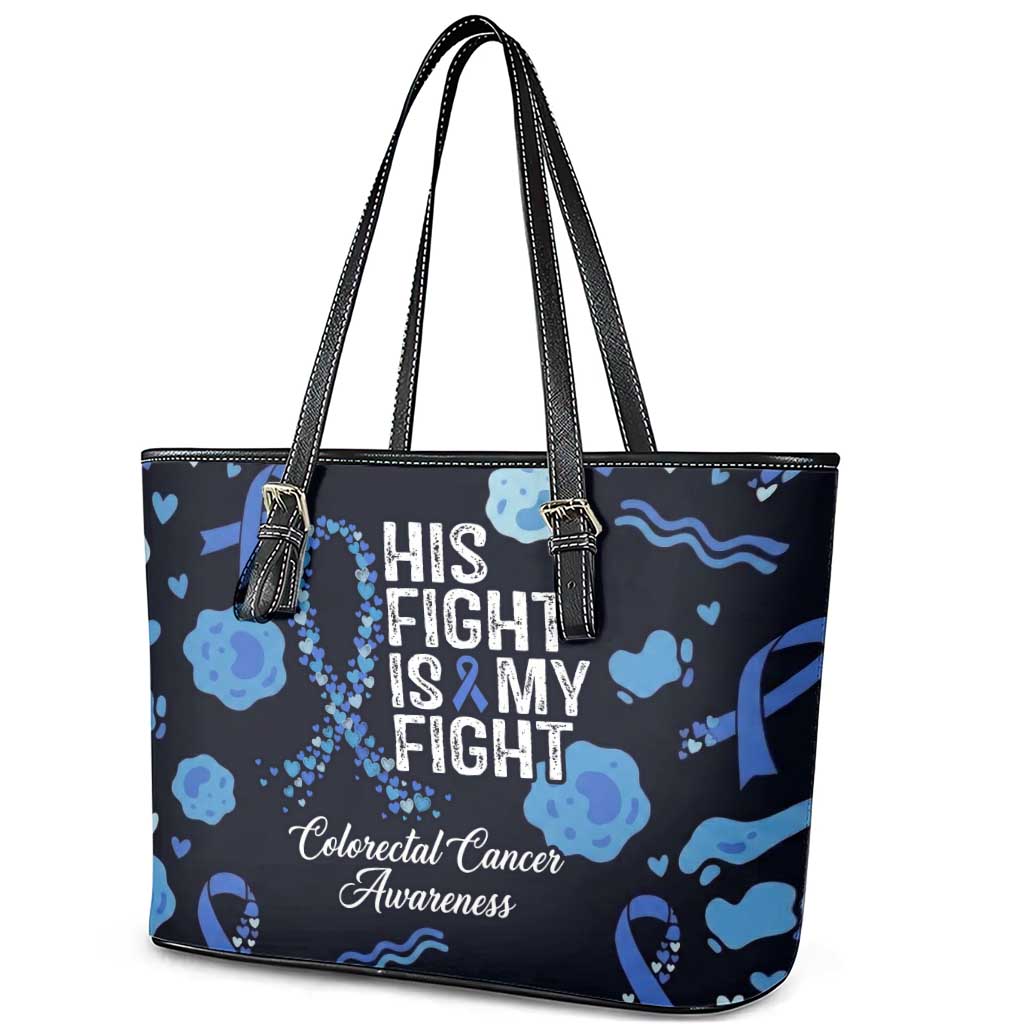 His Fight Is My Fight Colorectal Cancer Awareness Leather Tote Bag Blue Ribbon Heart Pattern Illustration
