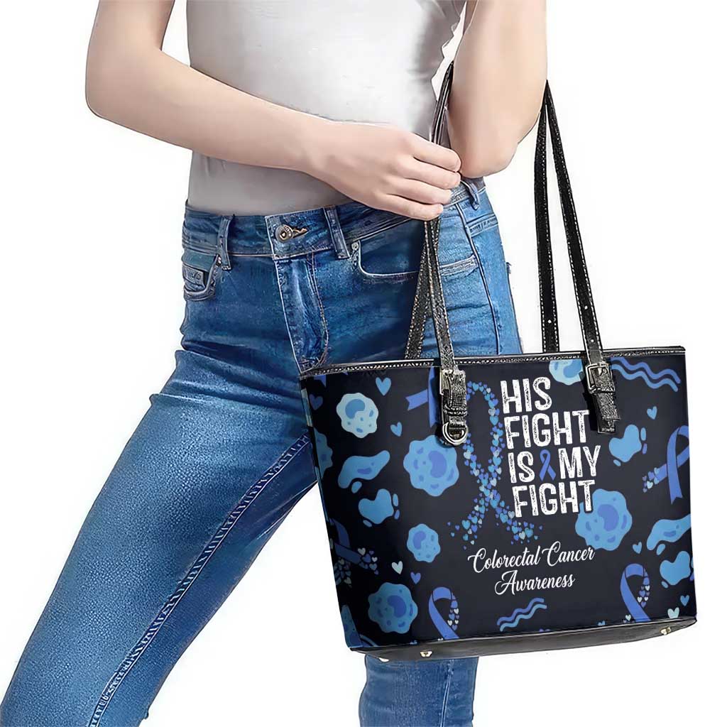 His Fight Is My Fight Colorectal Cancer Awareness Leather Tote Bag Blue Ribbon Heart Pattern Illustration