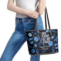 His Fight Is My Fight Colorectal Cancer Awareness Leather Tote Bag Blue Ribbon Heart Pattern Illustration