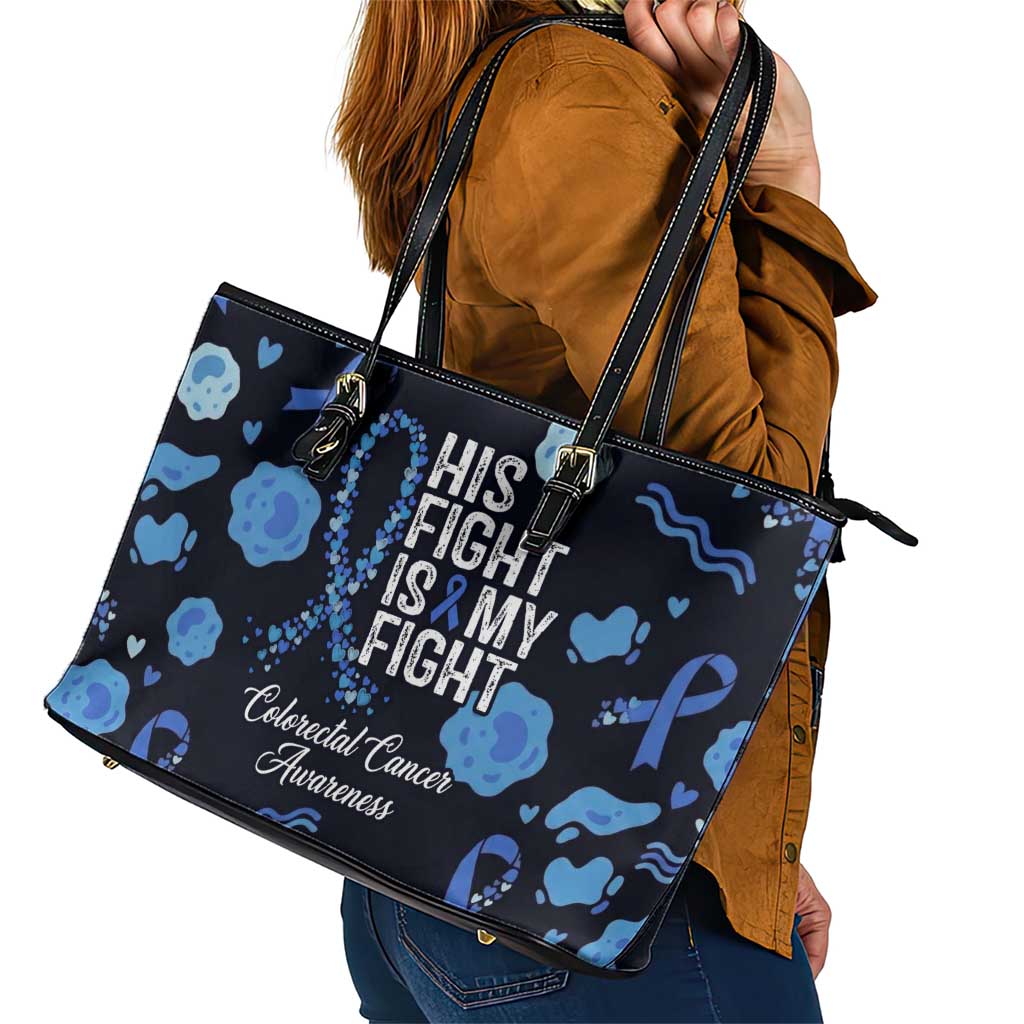 His Fight Is My Fight Colorectal Cancer Awareness Leather Tote Bag Blue Ribbon Heart Pattern Illustration