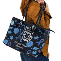 His Fight Is My Fight Colorectal Cancer Awareness Leather Tote Bag Blue Ribbon Heart Pattern Illustration