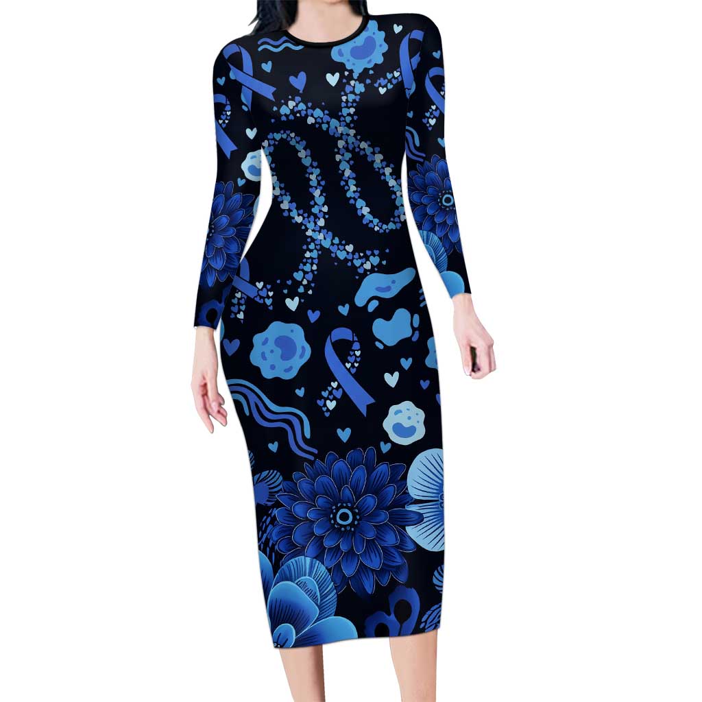 His Fight Is My Fight Colorectal Cancer Awareness Long Sleeve Bodycon Dress Blue Ribbon Heart Pattern Illustration