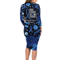 His Fight Is My Fight Colorectal Cancer Awareness Long Sleeve Bodycon Dress Blue Ribbon Heart Pattern Illustration