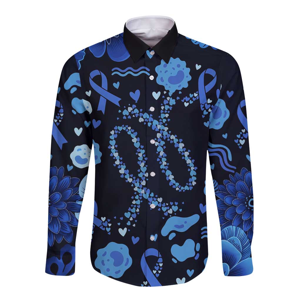 His Fight Is My Fight Colorectal Cancer Awareness Long Sleeve Button Shirt Blue Ribbon Heart Pattern Illustration