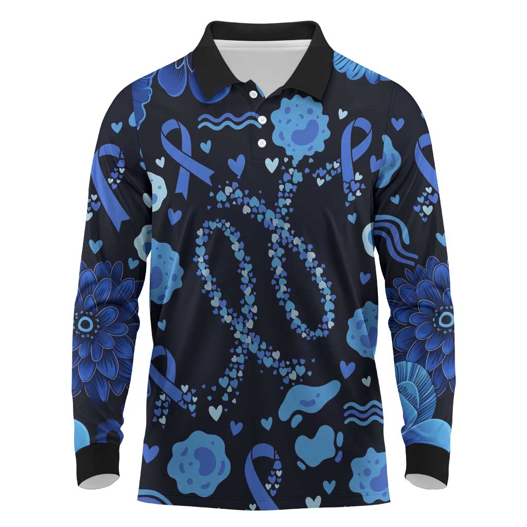 His Fight Is My Fight Colorectal Cancer Awareness Long Sleeve Polo Shirt Blue Ribbon Heart Pattern Illustration