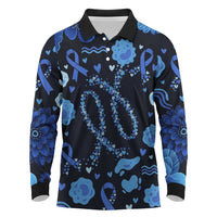 His Fight Is My Fight Colorectal Cancer Awareness Long Sleeve Polo Shirt Blue Ribbon Heart Pattern Illustration