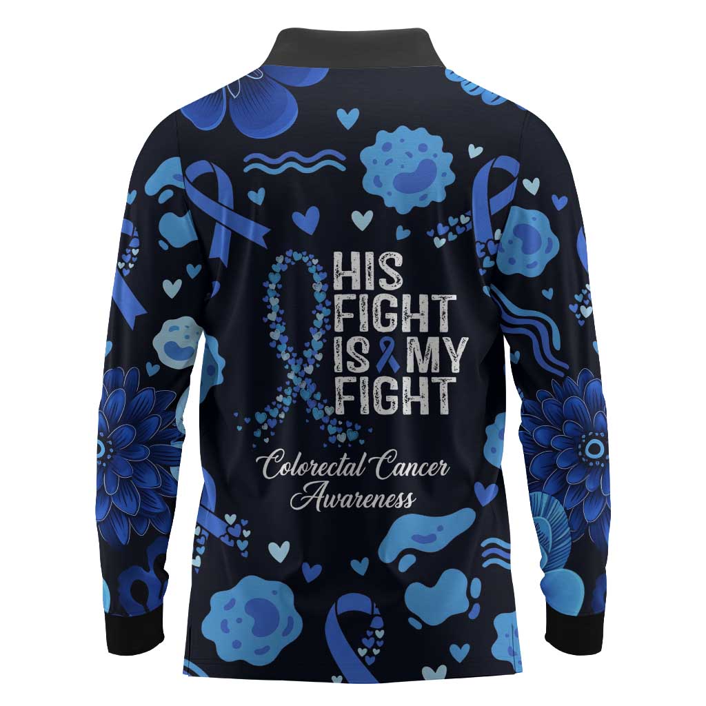 His Fight Is My Fight Colorectal Cancer Awareness Long Sleeve Polo Shirt Blue Ribbon Heart Pattern Illustration