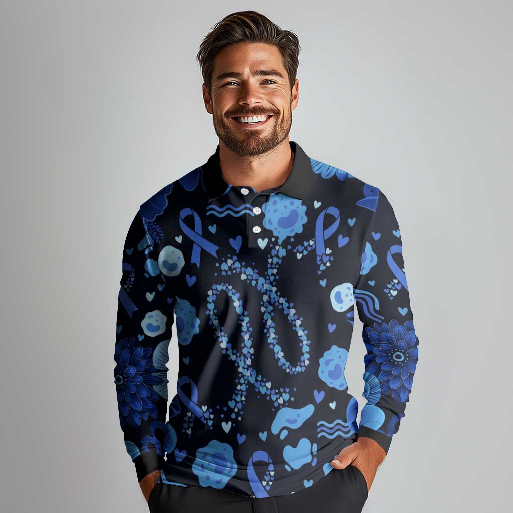 His Fight Is My Fight Colorectal Cancer Awareness Long Sleeve Polo Shirt Blue Ribbon Heart Pattern Illustration